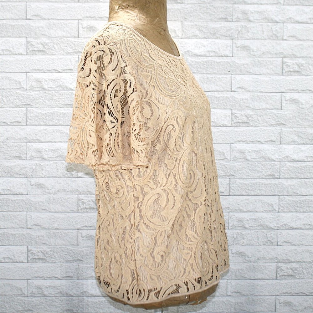 ADRIANNA PAPELL Top Floral Lace Layered Short Sleeve Sheer Neutral Cream Medium - Picture 3 of 15